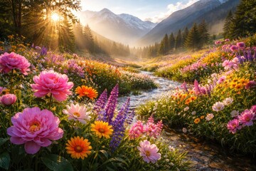 Fototapeta premium Radiant flowers blossoming in a scenic natural landscape