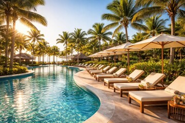 Fototapeta premium Tropical resort pool area with palm trees and sun loungers basking in warm summer sunshine