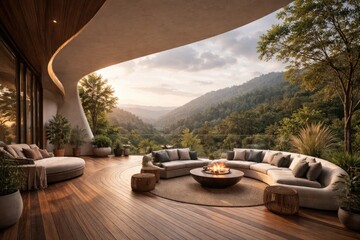 Naklejka premium Stylish terrace with curved wall architecture and wooden floors overlooking a natural backdrop