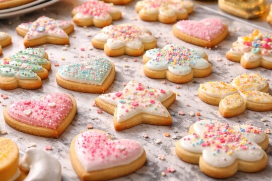 Marble surface showcasing freshly baked sugar cookies with decorative icing and toppings