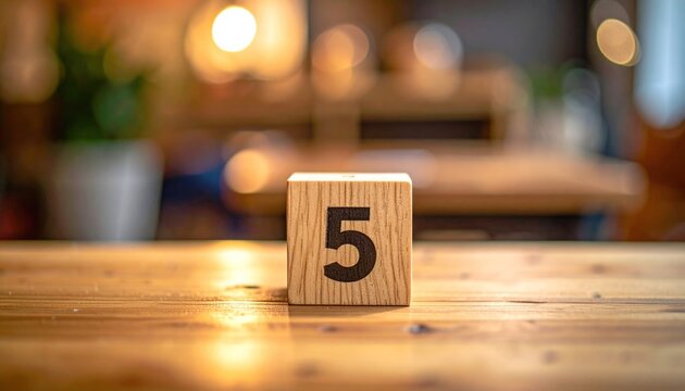 A wooden block with the number 5 sits on a wooden table, blurred warm lights sparkle in background