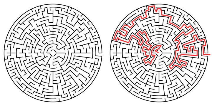 Circular maze puzzle with red highlighted winding solution