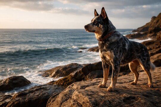Strong Australian Cattle Dog gazing over expansive ocean from rocky shore