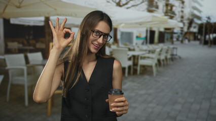 Fototapeta premium Woman making ok sign with hand and holding takeaway coffee cup on street cafe terrace at a restaurant with glasses and smile; joy confidence casual.