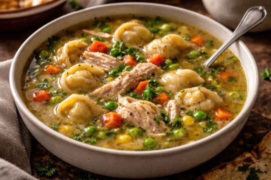 Comforting agnolini soup with tender chicken pieces and mixed vegetables in broth