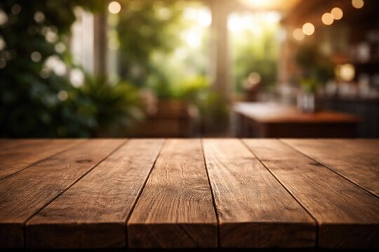 Wooden table surface featuring gentle blurred background ideal for product showcase