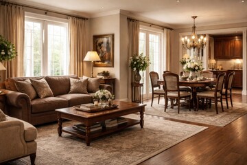 Fototapeta premium Open plan living and dining area furnished with a brown upholstered sofa and traditional wooden table plus vintage chairs