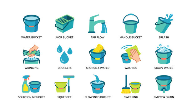 Buckets and cleaning actions arranged on white background