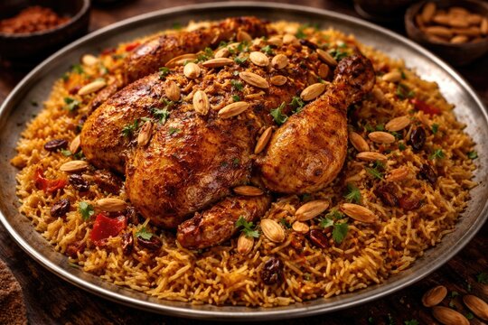 Flavorful kabsa with roasted chicken and almond toppings