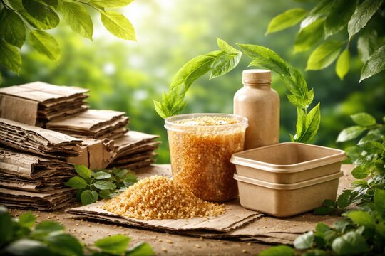 Recycling cardboard waste into bioplastic lignin material surrounded by vibrant green leaves on eco friendly backdrop
