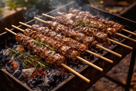 Authentic Italian lamb arrosticini roasting on a brazier with aromatic herbs