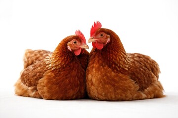 Fototapeta premium Two content brown hens nestled together on a white surface with copy space