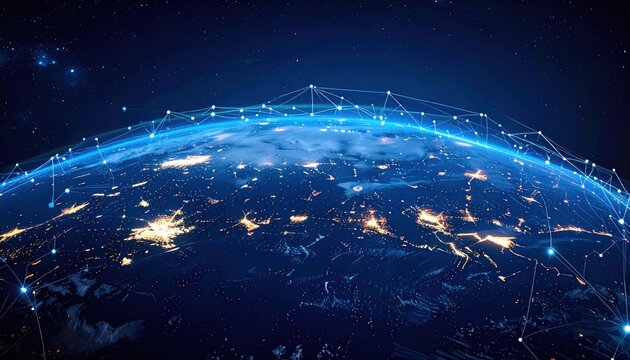 Digital globe view at night, interconnected glowing lights, representing global communication