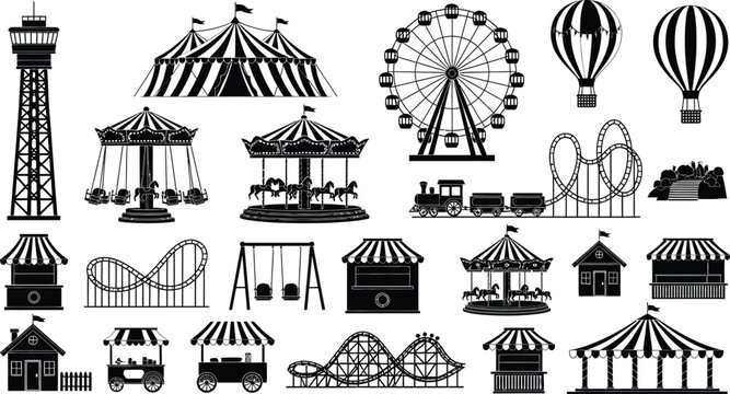 Amusement park icons and illustrations set Vector