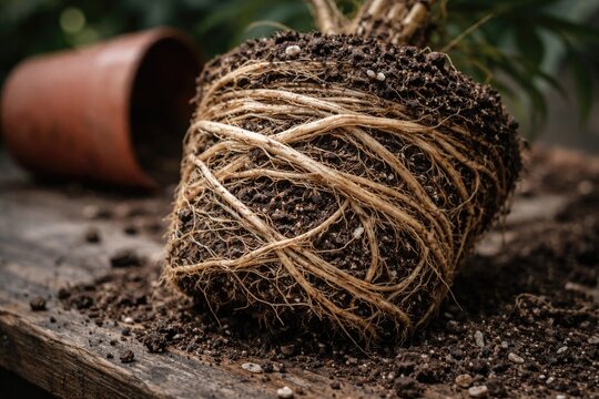 Constricted root bound roots of a potted plant