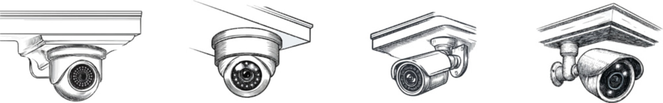 A vintage monochrome line art security camera mounted under a house eave with glowing infrared LEDs, featuring intricate cross-hatching and stippling for rich texture on a pure white background