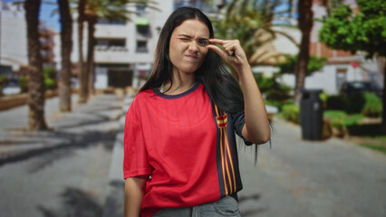 Naklejka premium Woman pinches fingers near eye while wearing a red soccer jersey on a street lined with palm trees; team pride celebration.