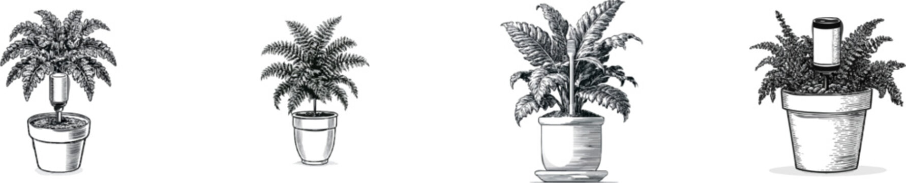 A vintage monochrome line art smart plant care monitor with intricate cross-hatching and stippling sits atop a potted fern in a crisp high-resolution drawing against a pure white background