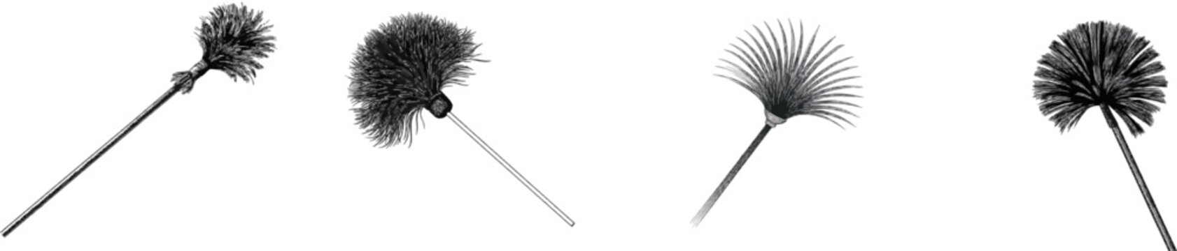 A vintage monochrome line art chimney sweep brush with detailed black and white engraving features a long flexible fiberglass rod with stiff bristles, isolated on a pure white background