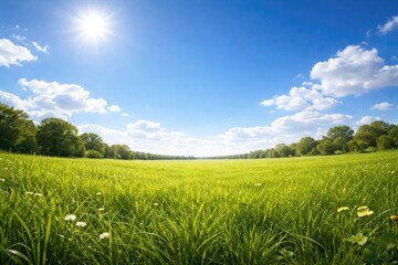 Obraz premium Bright summer panorama of green grass and vivid blue sky offering copy space for text