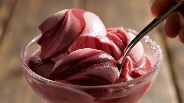 Delicious fresh pink strawberry sorbet ice cream served in a white glass bowl and garnished with a beautiful pink rose for a gourmet summer dessert