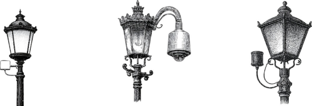 A vintage street lamp post adorned with an intricate black and white engraving-style air quality sensor node, showcasing detailed cross-hatching and stippling for a rich texture against a pure white