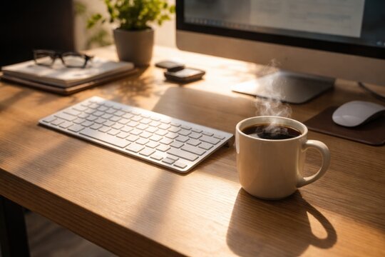 Workstation desk holding keyboard and warm coffee cup under bright light