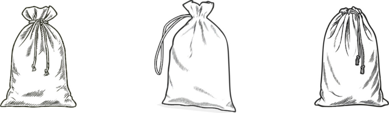 A simple, unbranded fabric bag with a drawstring closure is depicted in a monochrome line art style, showcasing intricate cross-hatching and stippling for texture against a pure white background