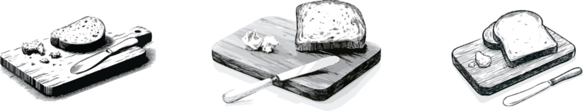 A simple wooden cutting board with crusty bread slices and a butter knife rests in this detailed black-and-white engraving style illustration, capturing an everyday moment of breakfast leftovers on a