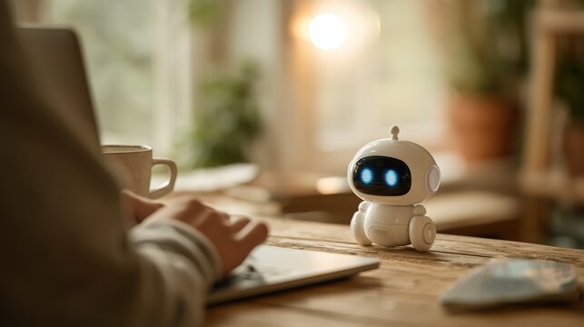 Modern domestic robot assistant helping during food preparation, ideal for technology, automation, healthy lifestyle, and home innovation themes