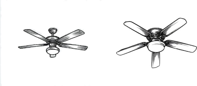 A vintage monochrome line art ceiling fan with intricate cross-hatching and stippling on a crisp high-resolution drawing, isolated against a pure white background
