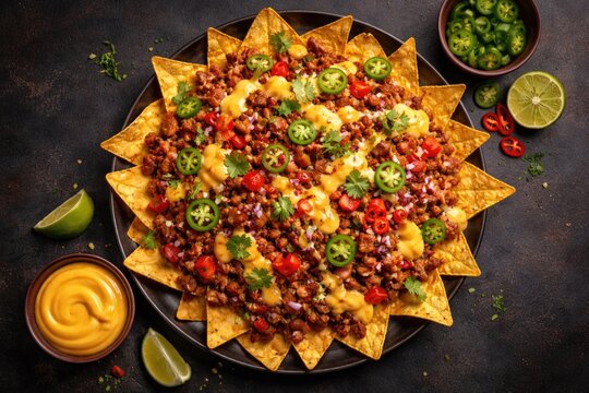 Overhead image of fully loaded nachos topped with chili con carne and cheese sauce on dark matte background with copy space