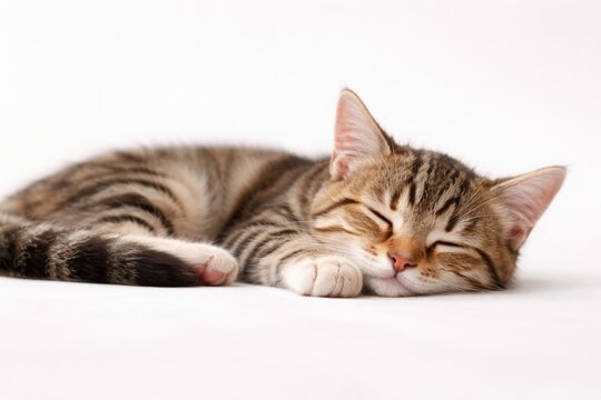 Calm kitty napping softly on a bright white studio backdrop