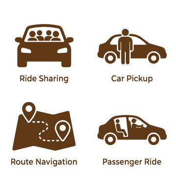 Ride sharing service and route navigation icon set with navigation, passenger