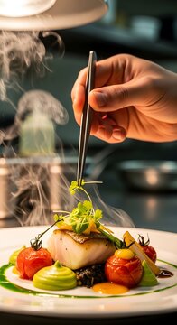 Chef using tweezers to carefully place microgreens garnish on a gourmet white fish dish
