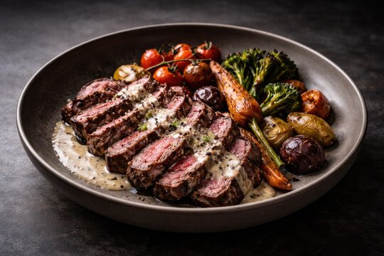 Sliced dry aged sirloin steak tagliata with roasted vegetables and truffle sauce served in modern bowl with copy space