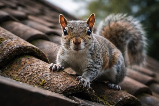 Curious grey squirrel perched on sloped roof tiles during daytime