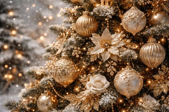 Ornate gold Christmas tree details highlighting sparkling ornaments and subtle floral elements in snowy winter scene