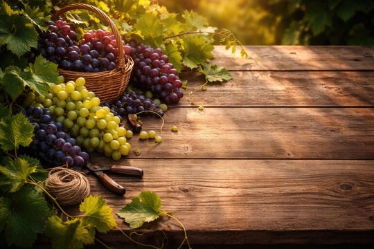 Grape harvest display with vine leaves on a wooden table top including ample copy space