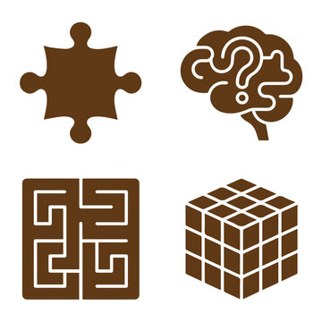 Logic puzzles and brain training icon set with maze and puzzle piece, thinking