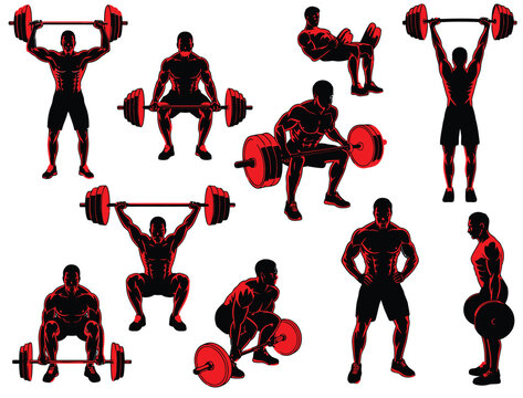 male weightlifter set performing squat clean jerk deadlift varied poses