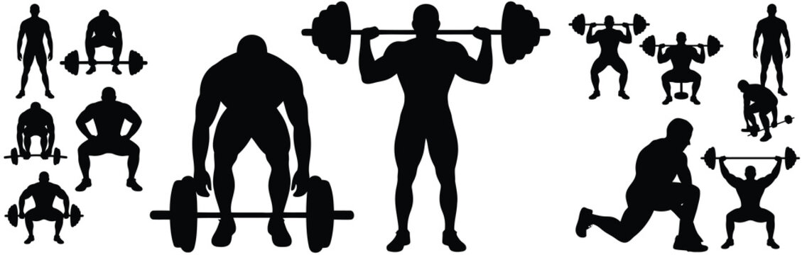 barbell weightlifter standing overhead press central large deadlift silhouette multiple poses 