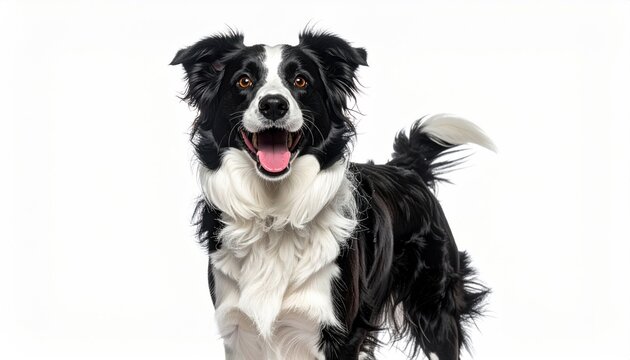 A joyful black and white dog with a fluffy coat and erect ears stands against a white background