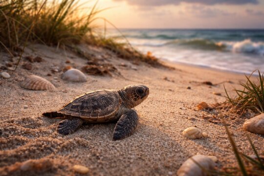 Small sea turtle making its way across coastal nesting habitat