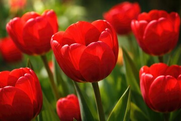Fototapeta premium Close up of red tulips in natural daylight