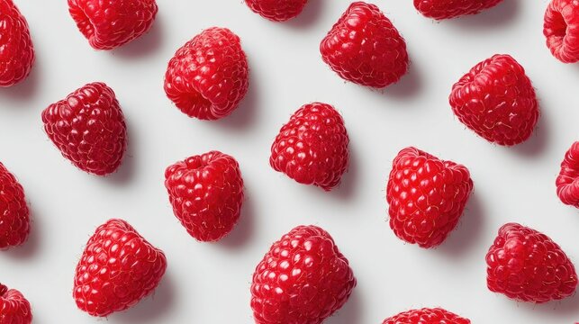 Fresh red raspberries arranged against a clean white background overhead view