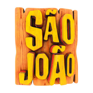 Texto 3D S&atilde;o Jo&atilde;o em tipografia de madeira com estilo festa junina