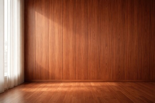 Minimalist interior background with vertical reddish wood parquet grain and soft daylight copy space