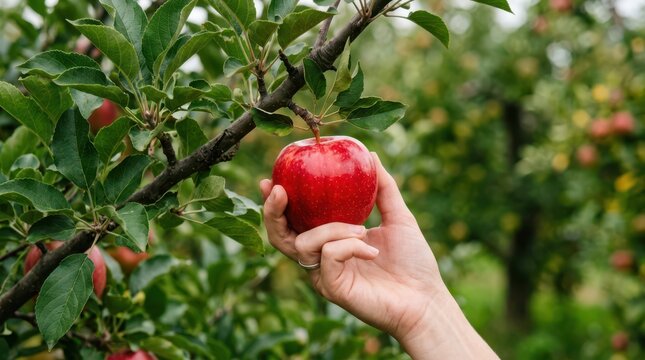 A hand picking a perfect ripe red apple from a tree branch in a sunlit orchard, representing the peak of the autumn fruit harvest and healthy eating.