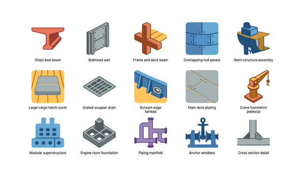 Shipbuilding icons showing structural components on white background